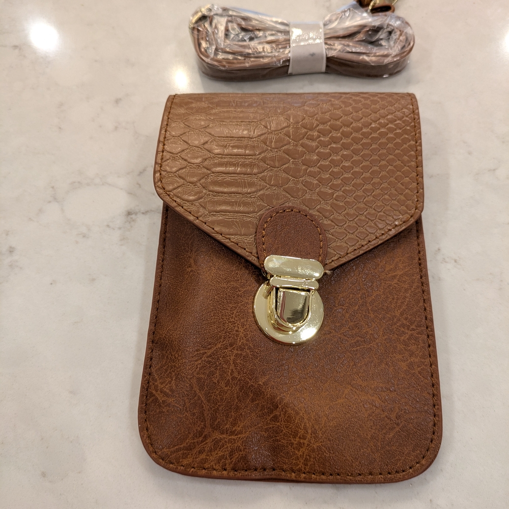 Brown Faux Leather Crossbody Touch Phone Bag with Textured Finish  New